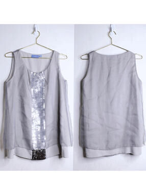 Vera Wang Gray Silver Sequin Sheer Formal Tank Blouse - M